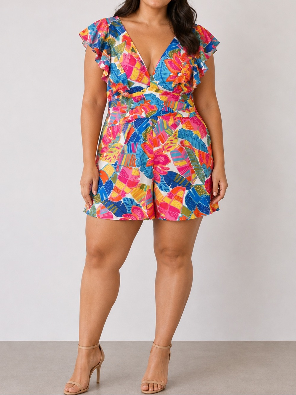 J. Marie Alana Tropical Resortwear Leaf Print Ruffle Colorful V-Neck Romper